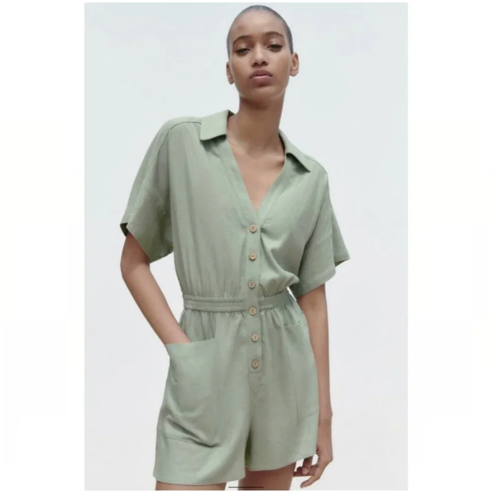 Zara Linen Blend Shirt Style Playsuit
